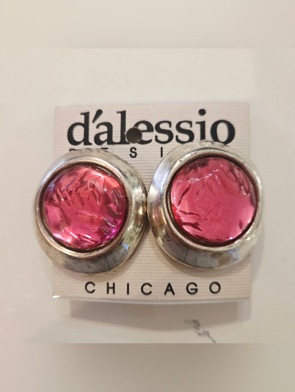 Big Silver Pink Cabochon Round Vintage DALESSIO Earrings Clip On 1980 BOLD Retro
